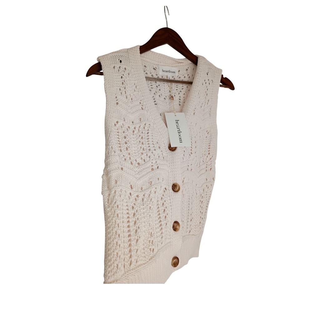NWT Heartloom Gilda Vest Paper White Pointelle Crochet Knit Button Front S $79